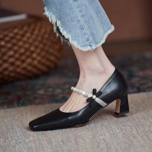 HOT sale women pumps natural Leather shoes 22-24.5cm Cowhide upper Full leather Single shoe with thick heel women heels