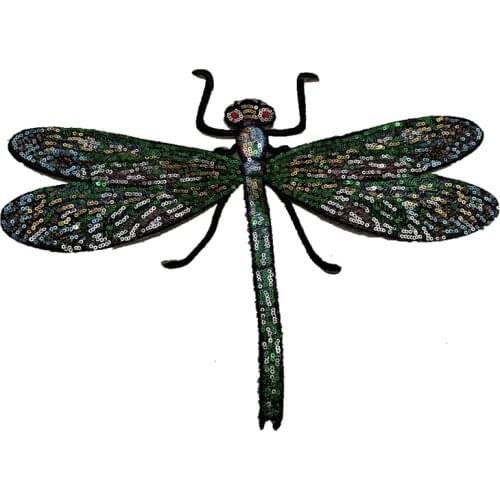 WUYUCONG 1 Piece New Dragonfly Sequined Patches Iron on Sequins Insect Patch for Clothes Bags DIY Sewing Accessories
