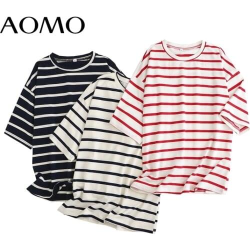 AOMO 2021 Women Striped Cotton T Shirt Short Sleeve O Neck Tees Ladies Casual Tee Shirt Street Wear Top 6L42A