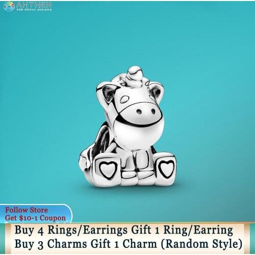 Ahthen 925 Sterling Silver Beads Bruno the Unicorn Charms fit Original Pandora Bracelets for Women Jewelry Making Birthday Gift