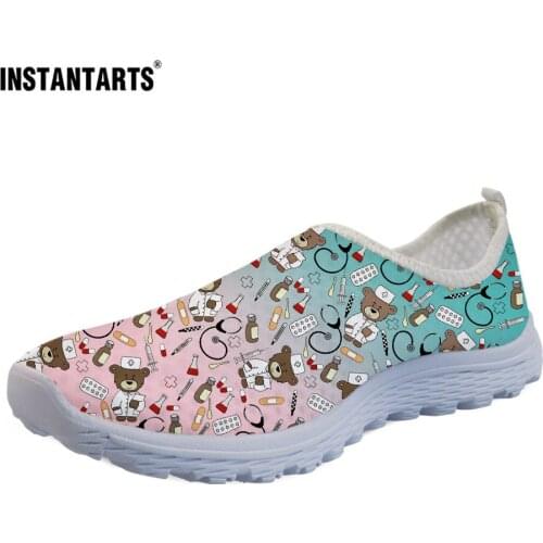 INSTANTARTS Womens Flats Nursing Shoes Cartoon Gradient Nurses Bear Print Mesh Breath Loafers Summer Beach Cute Female Footwear