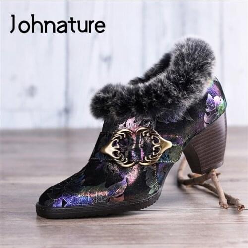 Johnature Winter Pumps Women Shoes 2021 New Genuine Leather High Heels Turned-over Edge Print Handmade Leisure Ladies Shoes