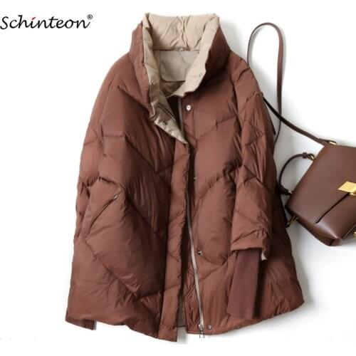 Schinteon Women 90% White Down Jacket Loose Casual Over Size Autumn Winter Outwear Stand Collar High Quality Warm Coat New