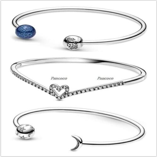 Authentic 925 Sterling Silver Wish Sparkling Wishbone Heart Bracelet Bangle Fit Women Bead Charm Pandora Jewelry
