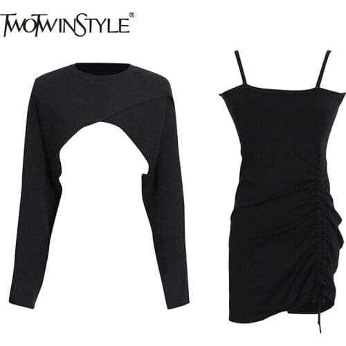 TWOTWINSTYLE Plain Suit For Women Sexy Slim Drawstring Sling Dress With O Neck Long Sleeve Pullover Female Set Female 2021 Style