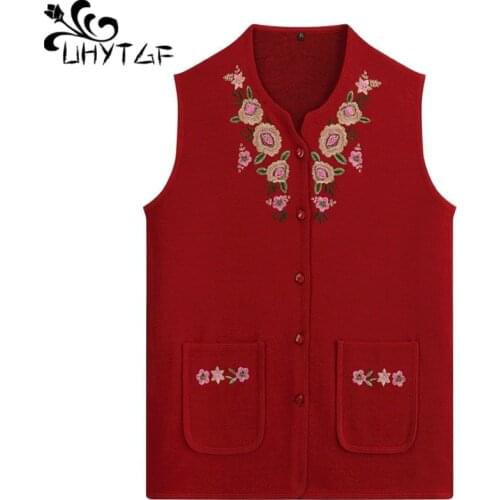 UHYTGF Womens Vest Fashion Embroidered Knitted Spring Sweater Waistcoat Single Breasted Thin Cardigan Female Plus Size Coat 1746