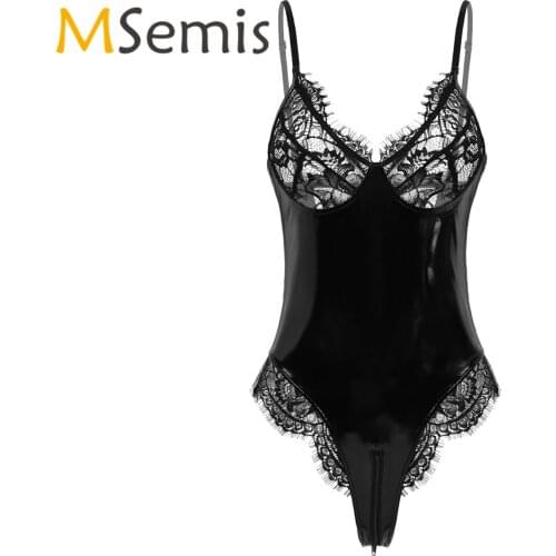 Womens Wetlook Patent Leather Bodysuit Lingerie Adjustable Spaghetti Shoulder Straps Lace Cups Zippered Crotch Teddy Bodysuit