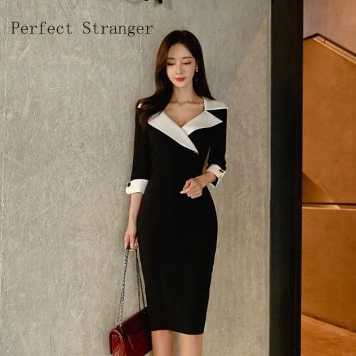2021 Spring Summer New Arrival Hot Sale Turn-down Collar Three-quarter Sleeve Women Slim Dress OL Style