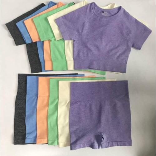 2pcs/set Solid Summer Women Seamless Yoga Set Fitness Short Sleeve Crop Top Shirts Running Shorts Workout Clothes Women Gym Set