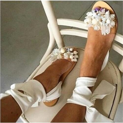 2021 Summer Female Sandals Fashion Lace Up Flat Sandal Non-Slip Wild Cute Beads Flower Casual Band Ladies Shoes Sandalias
