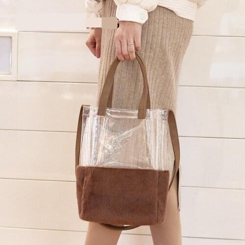 2021 Summer Fashion Tote Bag Women Transparent Jelly Bag Crossbody Bag For Women New Patchwork Faux Fur Shoulder Bag Handbag Sac