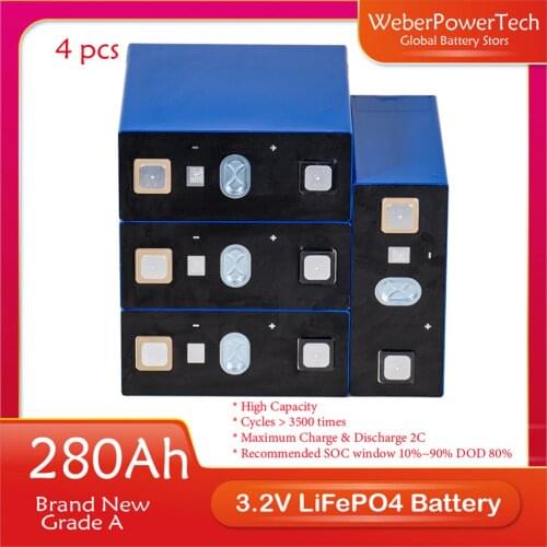 4pcs 3.2V 100Ah 150Ah 200Ah 280Ah 310Ah 320Ah LiFePO4 Battery Pack DIY 12V 24V 48V 280 Ah Electric Car Solar Inverter Battery