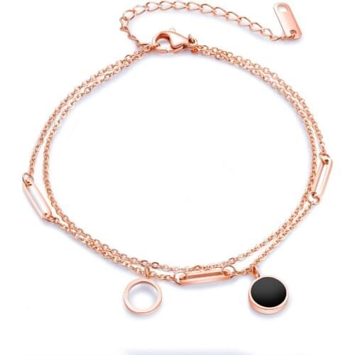 Fashion Simple Round Design Double Layers Foot Anklet Stainless Steel Rose Gold Color Black Shell Beach Thin Anklet Jewelry