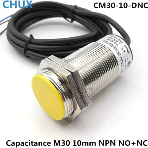 CHUX Proximity Sensor Capacitance type NPN M30 4 Wires 10mm Detection Distance NO+NC Position Sensor Switch 24V DC