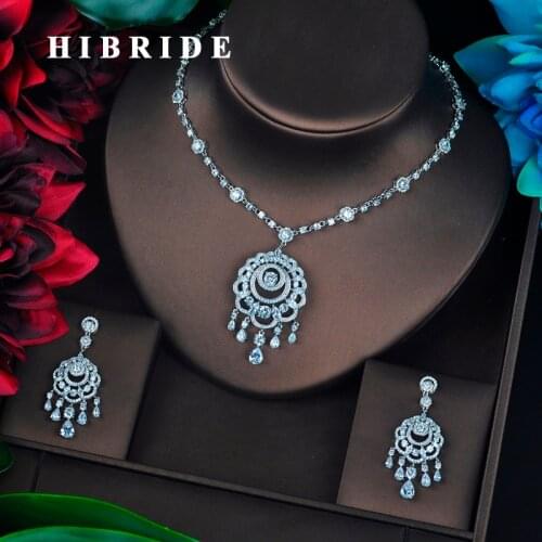 HIBRIDE Brilliant Cubic Zircon Tassel Earring Necklace Set Women Bridal Jewelry Set For Party Jewelry Accessories N-683