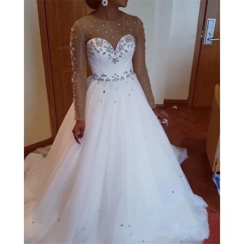 Pretty A-Line Wedding Dresses with Crystals Beads Tulle Sweep Train Long Sleeves Vestido De Noiva