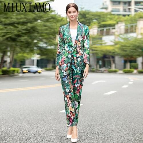 MIUXIMAO 2020 High Quality Autumn Fashion Flower Print Long Sleeve Jacket + Full Length Pants Office Lady Suit Women