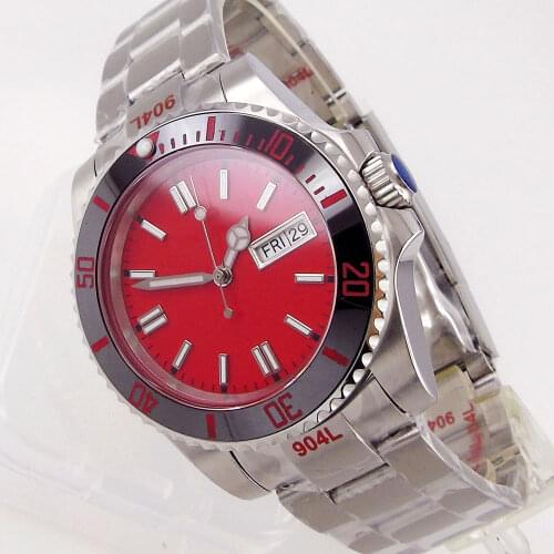 Day/Date Display Sapphire Mens Automatic Watch Japan NH36 Movement Red Dial Oyster Band Glide Lock Ceramic Rotating Bezel