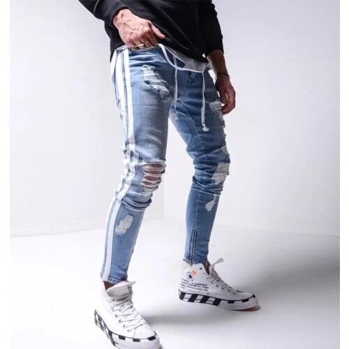 Side Striped Biker Jeans Mens Knee Ripped Zipper Skinny Distressed Jeans Slim fit Destroyed Hole Hip Hop Denim Pants