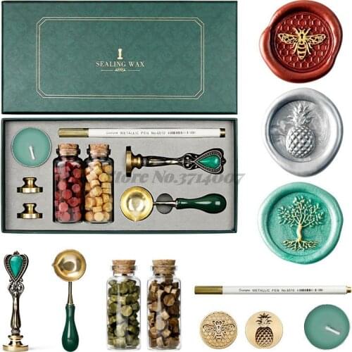 3pcs Head Seal Retro Box Kit with Sealing Wax Beads Spoon Stamp Set DIY Scrapbooking Tools Sticks Melting Material Gift Boxes
