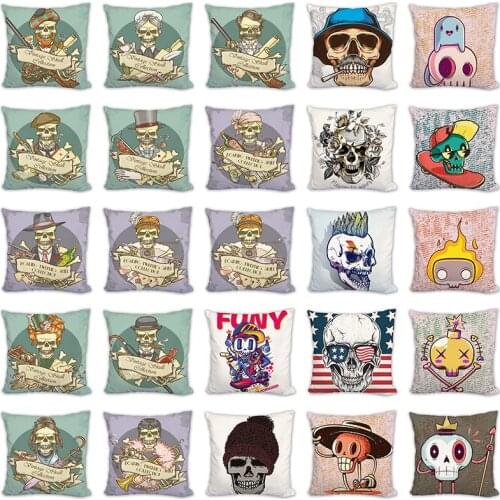 Cartoon Skull Printed Cushion Cover Halloween Decorative Sofa Car Throw Home Decor Pillow 45x45cm linen Super Pillowcase