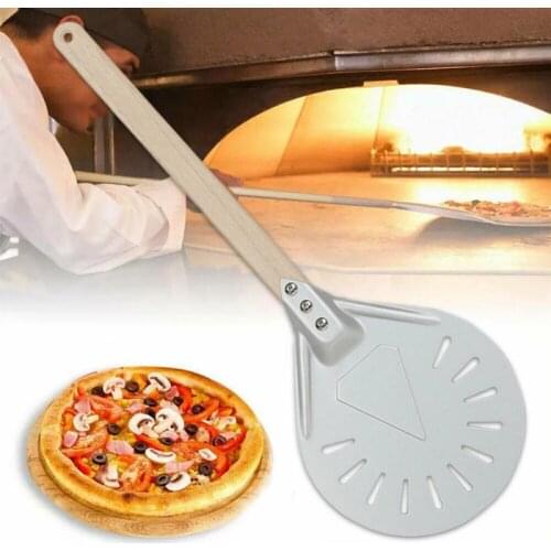 Non Slip Wooden Handle 7 Inch Perforated Pizza Shovel Aluminum Pizza Turning Small Pizza Peel Paddle Round Pizza Tool Kitchen
