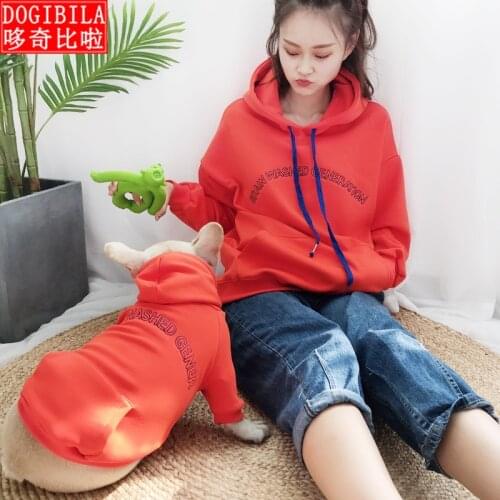 Autumn and winter new cat pet sweater Teddy French bulldog hooded two-legged dog plus velvet parent-child outfit
