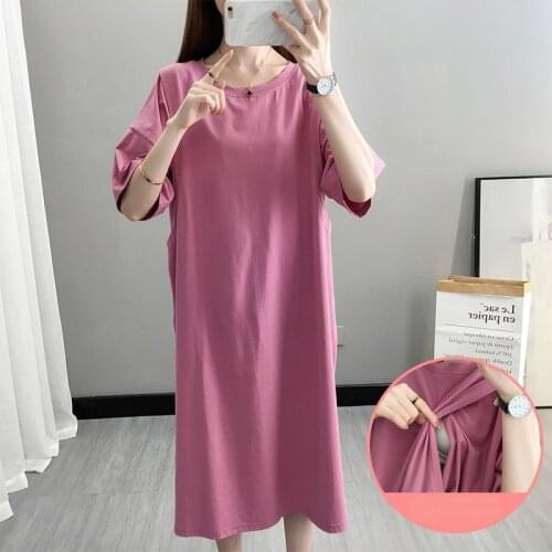 Solid Color Breastfeeding Maternity Dress For Pregnant Women Short Sleeve High Quality Cotton Large Size Woman Clothes Top 2006
