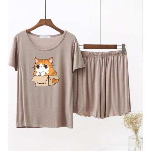 Summer Modal Cotton Women Pajamas Set Thin O-neck Short Sleeve 2-piece Set Homewear Cute Box Cat Cartoon Graphic Women Sleepwear