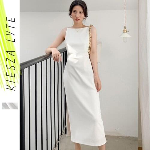 White Dress Sexy Bodycon Solid White Office Lady Summer New Style French Midi Slit Slim Evening Dresses Female Vestido De Mujer