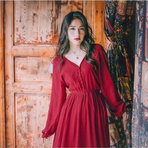 Vintage Red Chiffon Beach Maxi Dress Spring Solid V-Neck Long Lantern Sleeve High Waist Hippie Vocation Boho Womens Dresses Hot
