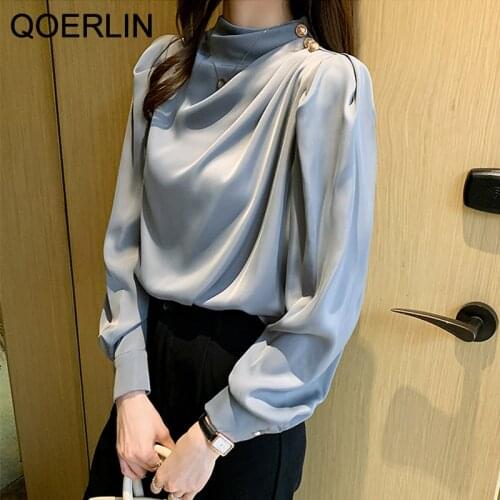 QOERLIN Elegant Korean Stand Collar Lantern Sleeve Fashion Long Sleeve Shirt Blouse New Zipper Fly Pleated Blouse Plus Size 2XL