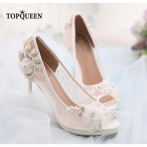 TOPQUEEN-A05White Peep Toe Shoes Womens Ladies high heels Ivory Lace Sandals Pearl Flower Embroidery Party Wedding Pinkage