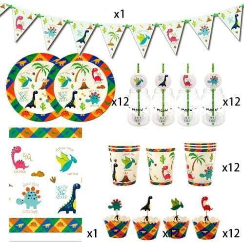 Party supplies 62pcs for 12kids 2019 New Dinosaur theme birthday party decoration tableware set, plate+cup+straw+flag+tablecover