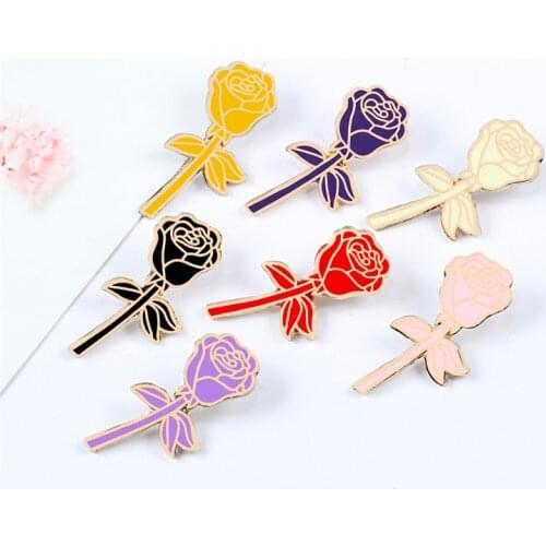 7 Colors Rose Brooches Cartoon Red Black Pink Violet Flowers Enamel Pins Women Dress Lapel Pin Badge Lover Romantic Accessories