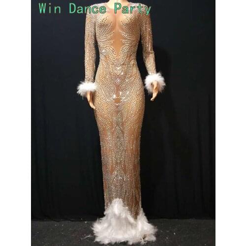 Female Elastic Mesh Feather Nude Long Sleeve Wrap Hip Dress Wedding Evening Perspective Long Dress Singer Host Catwalk Dresses
