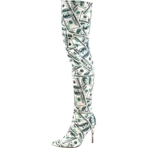 TIMETANG Fashion Women Boots Unique USA Dollars Paint Thigh High Long Boot Heels Over the Knee Ladies Shoes Rich Big Size