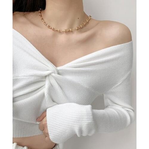 WOMENGAGA Spring Personality Cross Knot Solid Color Slim Short Bottomed Tops Korean Long Sleeve Knitting Sweater Dfx3