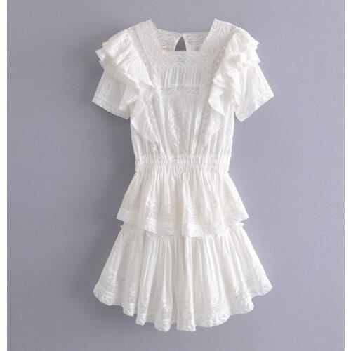 Runway Designers Dress Women High Quality Elegant Ruffles Short Sleeve Mini Dresses White Lace Patchwork Mini Robe Femme