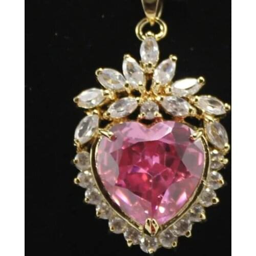 Womens fashion style metal gilded inlaid with white + pink zircon Heart Necklace