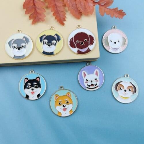 10PCS Enamel Cute Dog Tag Charms Round Cartoon Bulldog Teddy Shiba Animal Pendant Bracelet Earrings Jewelry Making Accessory