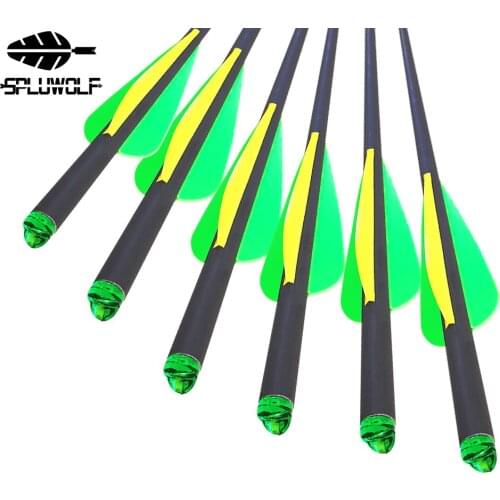 12PCS 2 Green 1 Yellow Vanes Crossbow Bolts Carbon Arrows With Replaceable 100Grain Tip