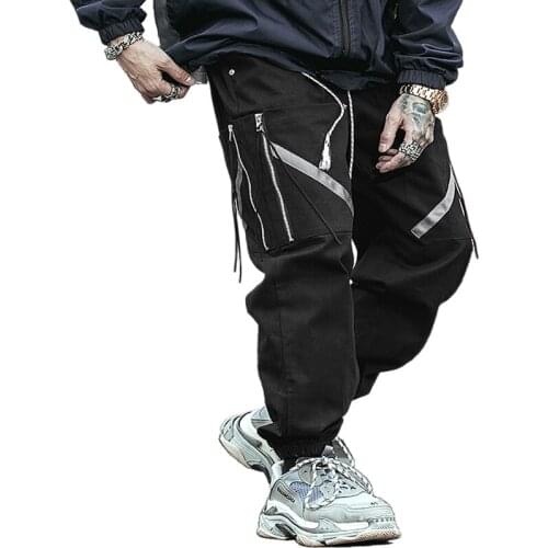 New Streetwear Color Panelled Fashion Zipper Pockets Ribbons Sweatpants Mens Joggers Trousers Casual Autumn Safari Harem Pants