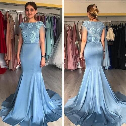 Dusty blue Mermaid Long Prom Dresses Cap Sleeve Sweep Train Appliques Women Evening Dresses Prom Party Gowns