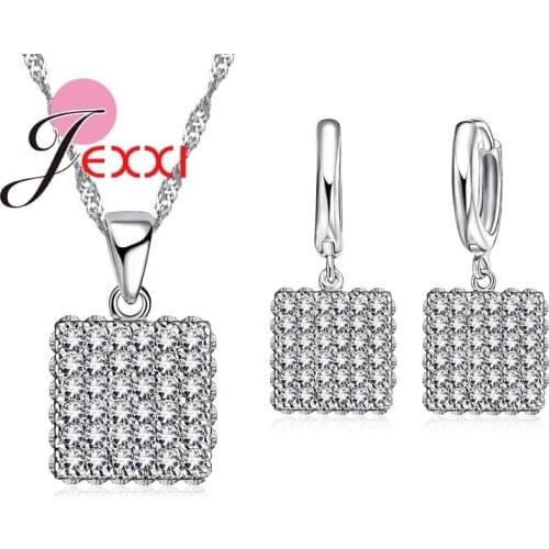 Woman Elegant Wedding Brinco Set Zircon Crystal Square Simple Design Pendant Necklace Earrings Jewelry Sets Fast Shipping
