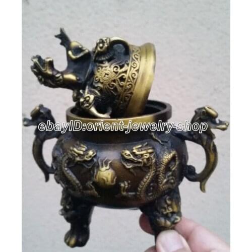 Classical old Bronze Signed lucky dragon Statue incense burner Censer 15cm