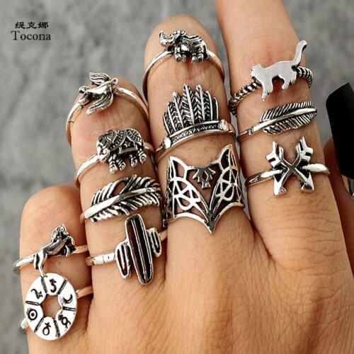 Tocona 12pcs/Set Bohemia Antique Silver Color Rings for Women Arrow Elephant Fox Lion Pony Pattern Animal Jewelry кольцо 4676