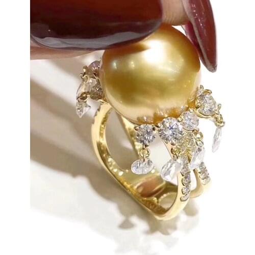 D719 Pearl Ring Fine Jewelry 925 Sterling Silver Round 12-13mm Fresh Water Golden Pearls Rings for Women Fine Presents