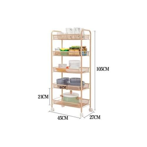Wheeled mobile shelf. Cracks on top receive vegetables finishing layer frame