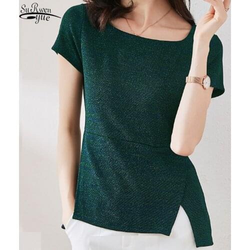 Chemisier Femme 2021 Summer New Korean Style Women Green Blouse Solid Color Round Collar Irregular Knitted Blouse Women 9448 50